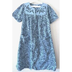 Go Softly Blue Floral Zip-Front Patio House Dress VTG Cottagecore Loungewear XS